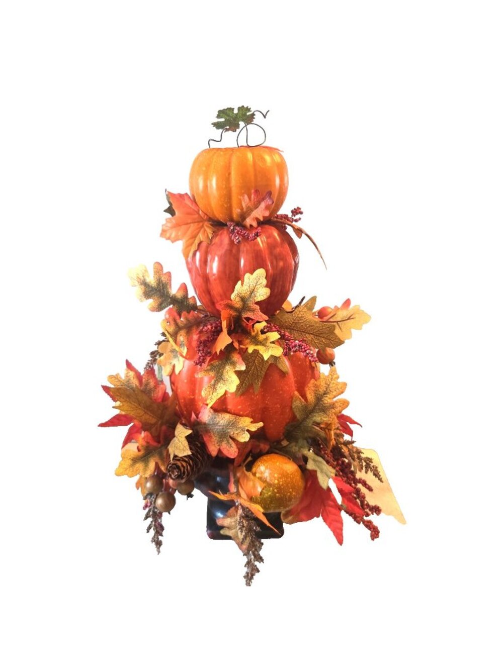 3 Pumpkin Stack Topiary in Ceramic Vase Autumn Leaves Fall Decor